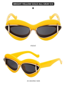 Front and side view of cat-eye sunglasses with yellow frame and gray lenses