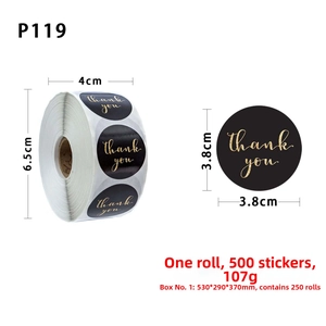 Detail of 3.8cm black and gold Thank You stickers showing roll size and label dimensions