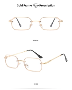 Detailed views of gold metal rimless polygon glasses from positive and 45-degree angles