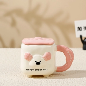 Cute 3D puppy ceramic mug with lid and pink wavy handle for home office gifting