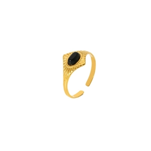 Retro 18k gold plated stainless steel open ring with oval black stone and sunburst pattern
