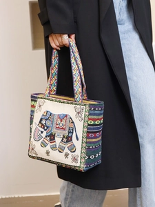 Ethnic woven canvas tote bag for women with colorful elephant pattern and sturdy handles