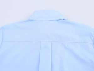 Detailansicht der Rückseite eines hellblauen Popeline Hemdes mit Passé und Kellerfalte