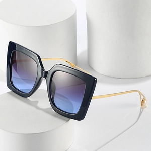 Women's square oversized sunglasses with gradient blue lenses and gold pearl temples