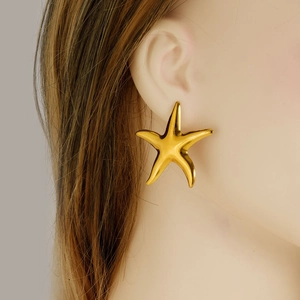 Starfish earrings in gold plated stainless steel worn by a model in a close-up view