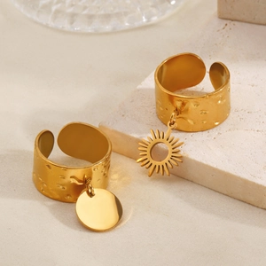 18K gold plated geometric open ring set with sun charm and hammered texture finish