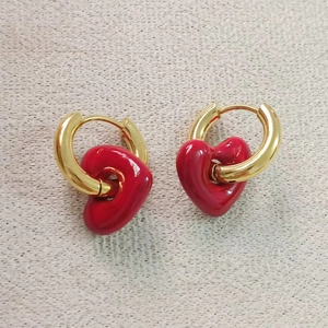 Boucles d'oreilles créoles dorées 18K en acier inoxydable avec pendentifs cœur rouge