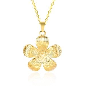 Detailed view of an 18k gold plated five-petal flower pendant necklace with fine textures