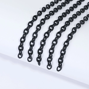 Parallel layout of five glossy black acrylic jewelry chains on white background