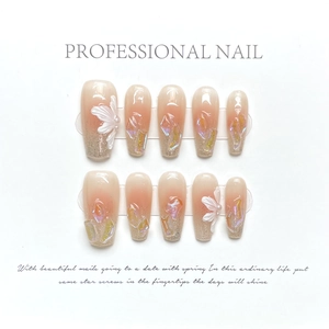 Handmade gradient nude pink press-on nails with 3D floral carving and pearls