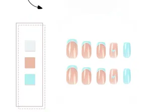 Detail of blue and nude French press-on nails featuring a small heart pattern