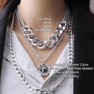 Three-layer silver chunky chain necklace with embossed coin pendant for women