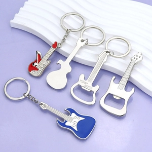 Guitar-shaped metal alloy bottle opener keychain in blue, red and silver colors