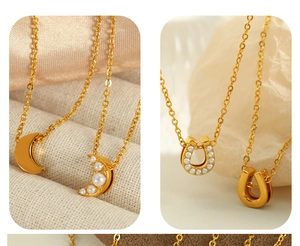 Détails de pendentifs lune et fer à cheval dorés avec perles sur chaînes fines