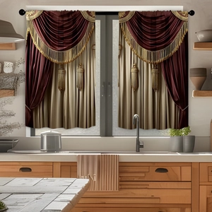Detail of burgundy kitchen curtains with golden tassels and valance on window