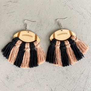 Boho football wooden earrings with black and peach cotton tassels for cheerleading