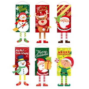 Christmas Hanging Banner Fabric Cartoon Santa Snowman Reindeer Long Leg Decoration For Door Wall Window Festive Party