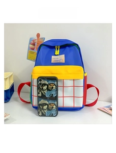 Detail view of colorful canvas kids backpack with smartphone for size comparison