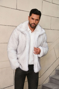 Detail of men's faux fur jacket in grey gradient with notched lapel and zip texture