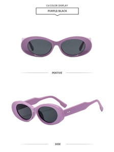 Detail of retro oval purple sunglasses with silver diamond rivets and dark grey lenses