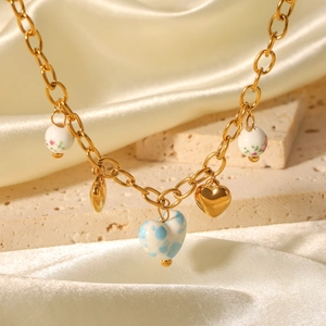 Stainless Steel Necklace With Ceramic Heart Butterfly Flower Charms Faux Artificial Pearl Enamel Clavicle Chain For Women