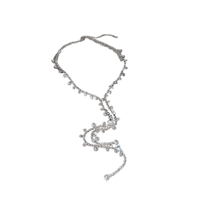 Elegant silver long tassel body chain necklace with sparkling rhinestones for parties