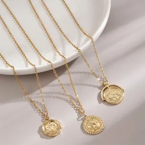 Collana Pendente Moneta Vintage Irregolare Acciaio Inossidabile Rame Placcato Oro Rilievo Ritratto Mappa Gatto Retrò