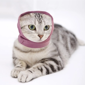 Pink noise-canceling ear covers for pets made of soft elastic fabric on a striped cat