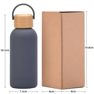 350ml double-layer insulated bottle in dark gray with bamboo lid and carry handle