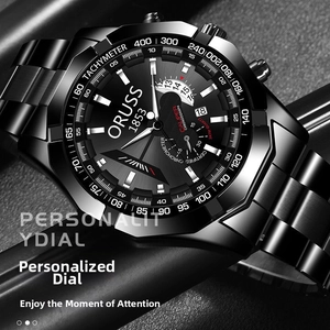 Detail of all-black stainless steel chronograph watch with 3ATM quartz movement