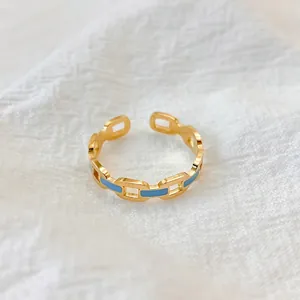Hollow Chain Open Ring Gold Plated Stainless Steel With Blue Enamel Minimalist Geometric Fashion Jewelry For Women