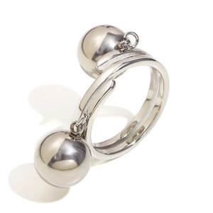 Minimalist silver open ring with double hanging metal spheres in high polished finish