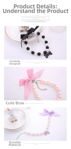 Detail of pearl pet collars with ribbon bows and bone charms in black pink and purple