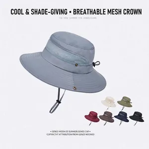 Outdoor Sun Protection Bucket Hat Breathable Mesh Large Brim Polyester Fisherman Cap With Windproof Rope For Fishing Hiking
