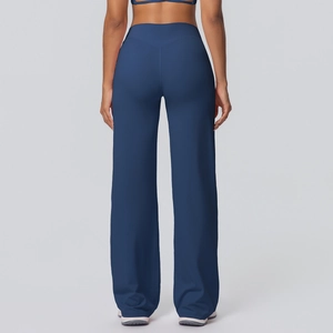 Rear view of high-waisted wide-leg yoga pants in navy blue with double-sided brushed fabric