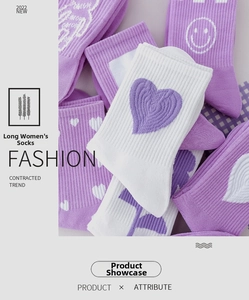 Detail of purple and white knit socks with heart jacquard and ribbed patterns