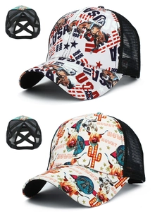 Detail of high ponytail baseball cap with criss-cross mesh back and USA Howdy prints