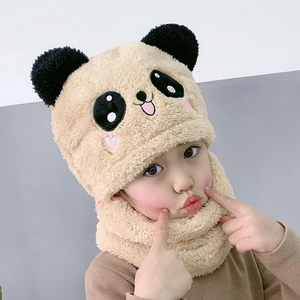 Kids Hooded Scarf Hat Thickened Fleece Warm Earflap Cap Cute Panda Animal Design For Boys Girls Winter