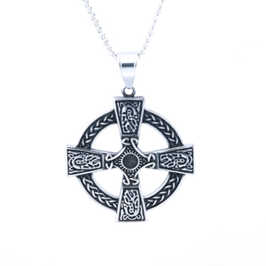 Vintage silver Celtic cross pendant necklace with intricate knot patterns and sun ring
