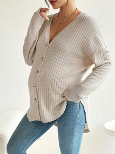 Maternity Ribbed Knit V Neck Button Front Cardigan Long Sleeve Casual Drop Shoulder Pregnancy Top
