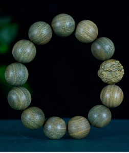 Macro shot of 14 sandalwood beads with mystical lion carving on a dark green background