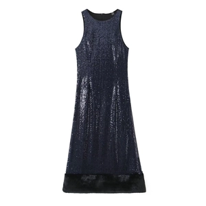 Sequin Maxi Dress With Faux Fur Trim Sleeveless Backless Evening Party Elegant Bodycon Long Dress For Women