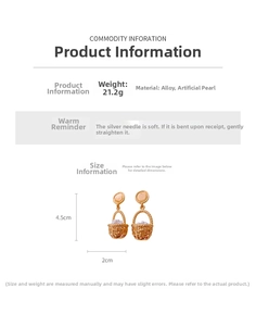 Detailed view of gold basket earrings with white pearls, weighing 21.2g and 4.5cm long