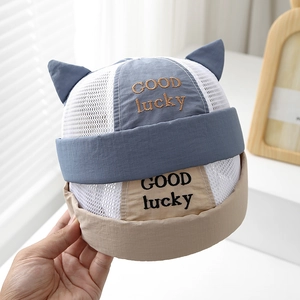 Baby mesh skull caps with cute cat ears and GOOD lucky embroidery in blue and beige