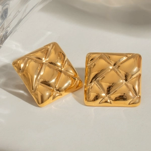 Golden 18k stainless steel geometric square earrings with a quilted relief pattern
