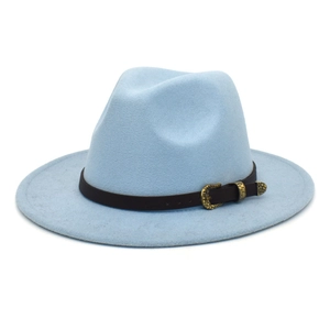 Detail of light blue fedora hat featuring a brown leather belt with a golden buckle