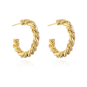 Gold-plated braided C-shaped hoop earrings with a polished metallic texture on white background