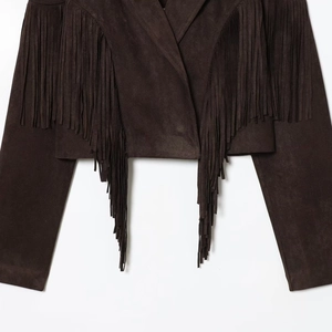 Women's dark brown faux suede jacket featuring long stylish fringes in bohemian style