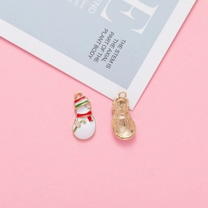 Macro view of Christmas snowman pendant showing enamel detail and frosted metal back