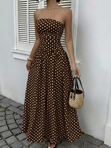 Elegant off-shoulder polka dot A-line dress in brown with a flattering cinched waistline
